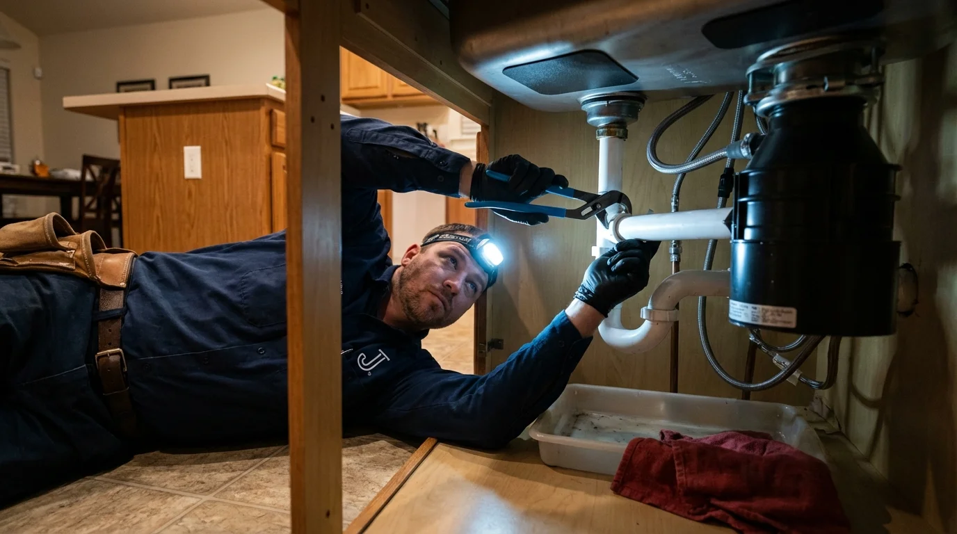 P-trap and supply line connections under a kitchen sink showing a common leak point in Oneida, WI